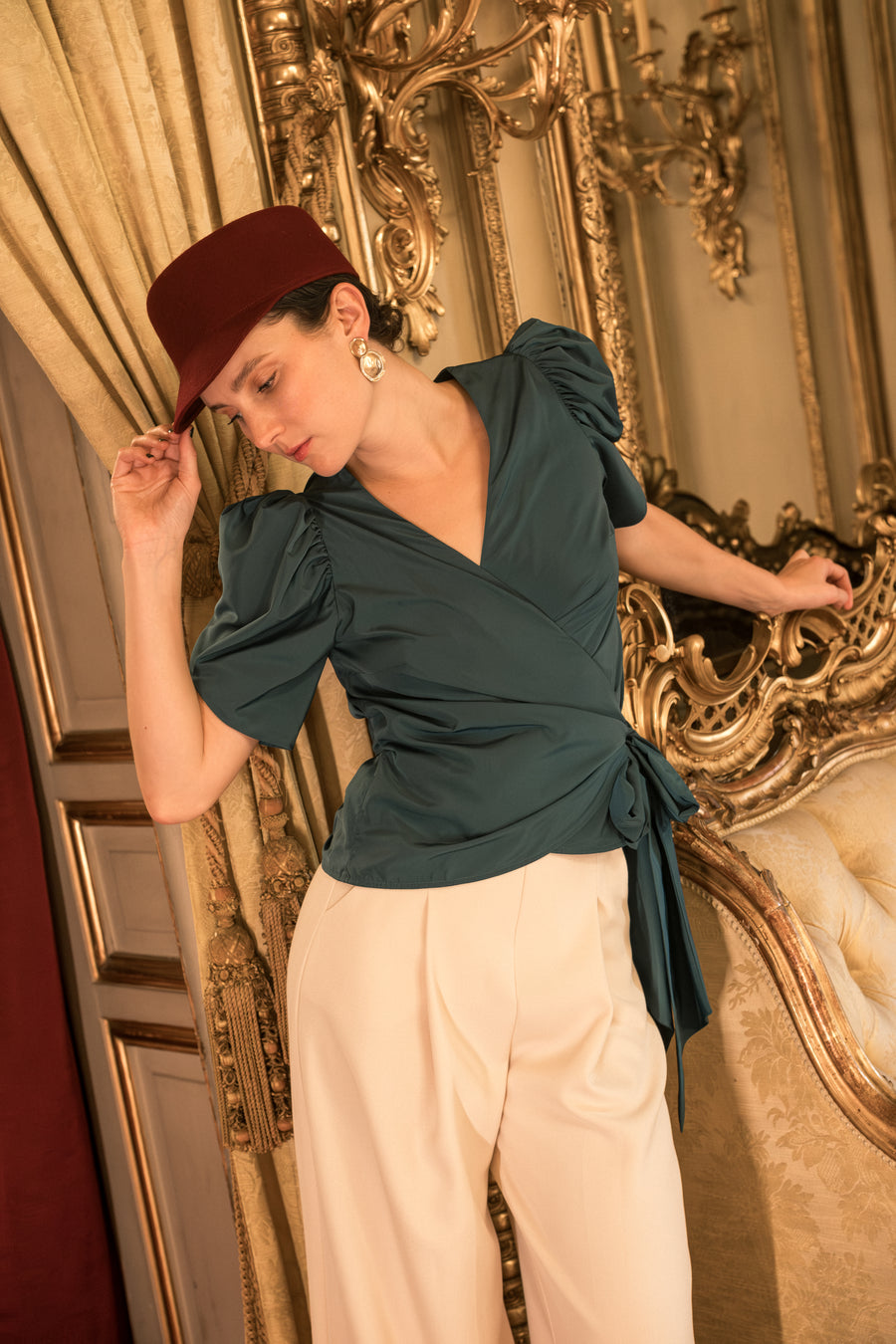 Top Nia Tafetán azul petróleo