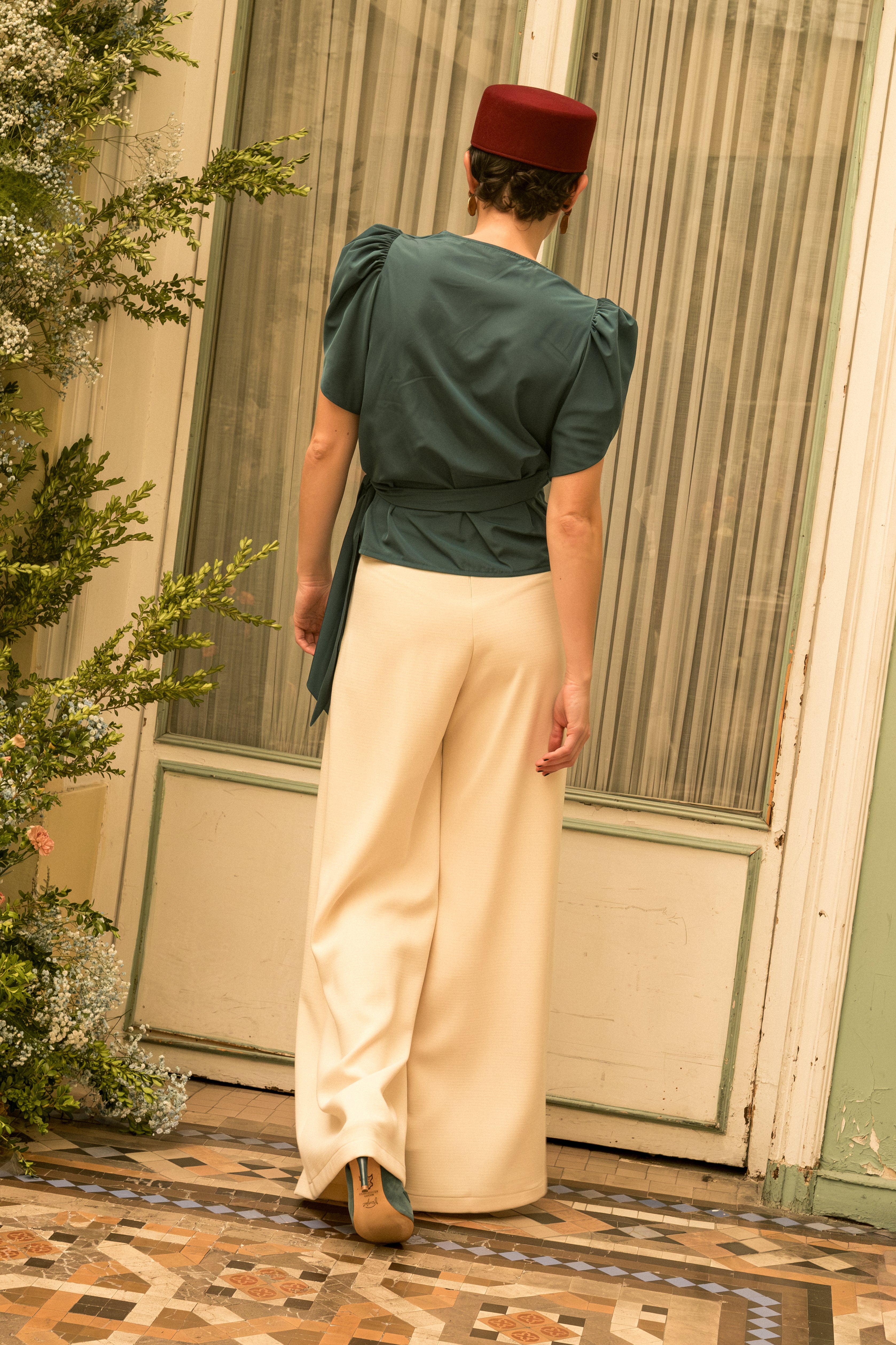 Top Nia Tafetán azul petróleo