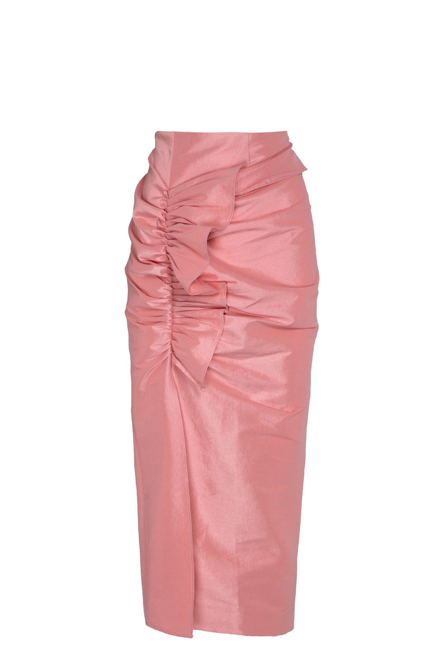 Falda midi rosa con fruncido y volante