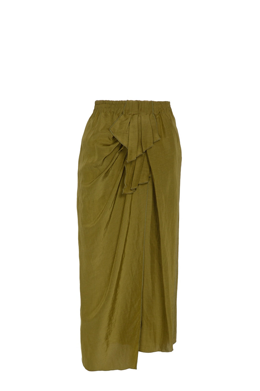 Falda midi estilo pareo con frunce en verde caqui